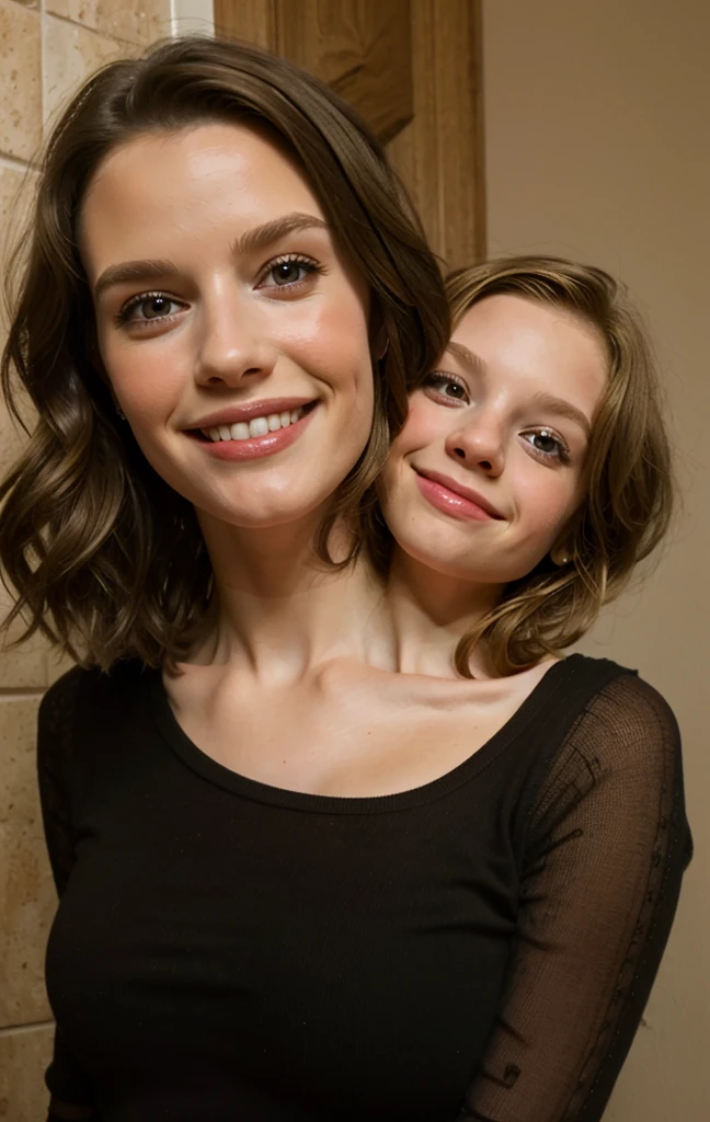 2heads, mom and daughter, (one head adult:1.5), (one head child:1.5), (a blonde and a redhead:1.4)