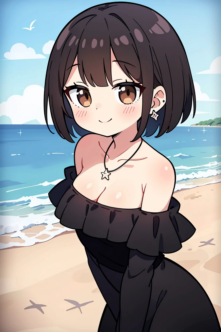 Best quality, Beautiful lighting, medium breasts, cleavage, Black hair, Short Hair, Bob Hair, 1 Girl, Solo, jewelry, Earrings, Brown eyes, lace off-the-shoulder top, Off-the-shoulder attire: 1.4, black and white dress, Smile, collarbone, necklace, Bare shoulders, (complex detailed background, sandbeach,beachside)