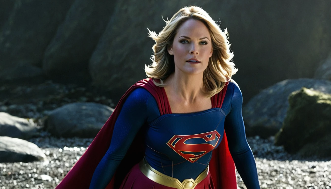 Andrea Anders(powerful; trusting; higher) 2007 (((Woman defined body with big breasts, strong and firm; Supergirl 1984s costume dress))) as Supergirl(((Filme da Supergirl de 2007 de Andrea Anders))); floating in mid - air.