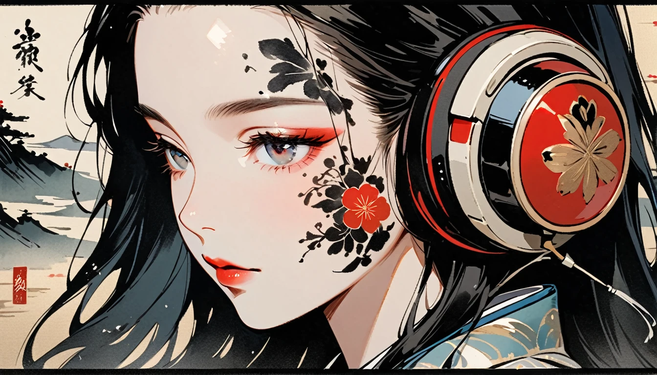 Ink Painting, (((1 girl))), (((Tattoo on face))), (((Luxurious and gorgeous))), Japanese style headphones, face close-up, Japanese beautiful girl, Black Hair, Delicate and precise, Modern ukiyo-e style