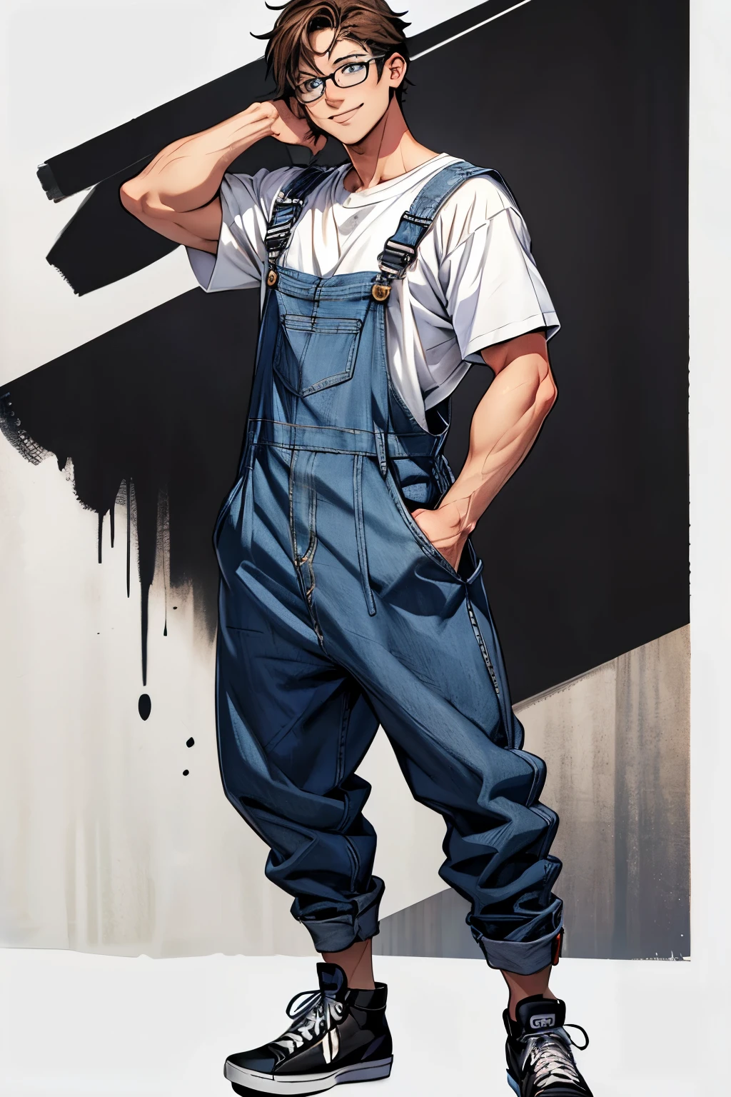 Create an image of a full body anime style girl character. The character has short brown hair, with a lock gathered on top. He wears large black-rimmed glasses and has big blue eyes.. He is smiling and is wearing a white t-shirt under long denim overalls and black vans..