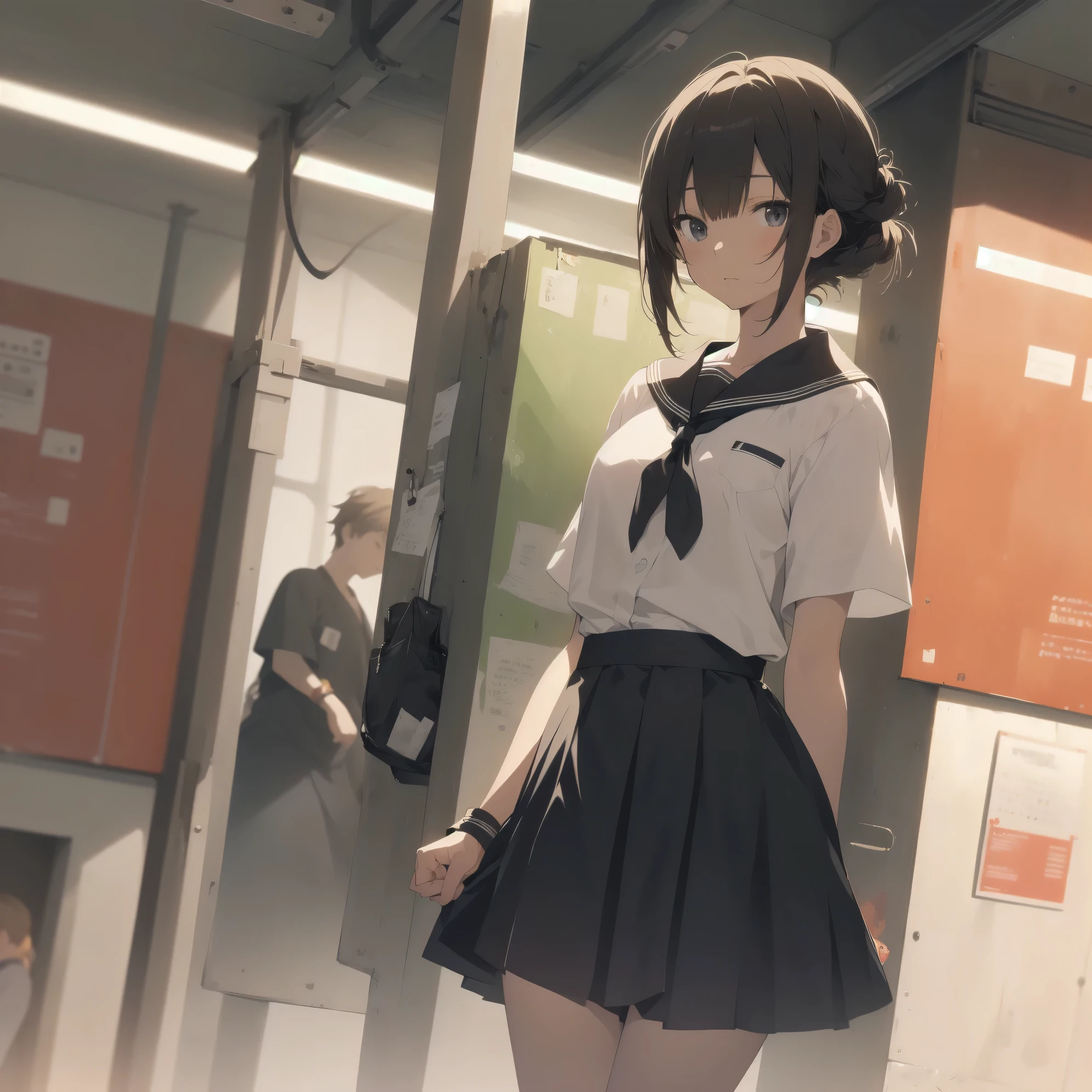 ultra-absurdres-Top quality by artist God, ultra-detailed, high resolution, anime moe artstyle, best anime 8k konachan wallpaper, pixiv contest winner, pool:2810, perfect anatomy,break, 1girl, (Please draw a girl walking sleepily to school alone. )break,(Solo,little female, 13-year-old:1.3),Full limbs, complete fingers,a junior high school student, (very short hair), short cut, flat chest, , small butt, small black eyes, beautiful detailed eyes, well-proportioned iris and pupils, expressive eyes, highres detailed hair, soft expression, salor school_uniform, sailor collar, serahuku, bow, pleated skirt,(Detailed Lighting), (Detailed background), in the School commute route. break,super detailed skin, Best cinematic lighting powered by famous artist, 8k,beauty illustration,photoshop_(medium),very aesthetic,break,((artist:yuuhagi_(amaretto-no-natsu) )), artist:clamp ,artist:carnelian ,artist:kantoku ,