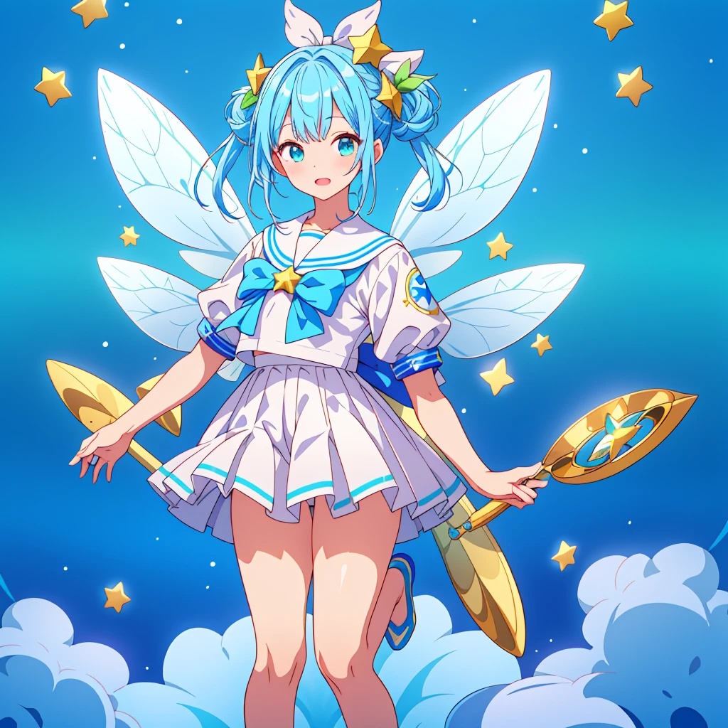 1girl、Standing in front of the viewer、Original, unique and cute hairstyle、Star Fairy、Star incarnation、Character design front view、A picture facing the viewer、(((Super detailed、Highest quality、Masterpiece)))、Milky white and blue hair color、Simple Green Background、vtuber-fullbody,White sailor suit、