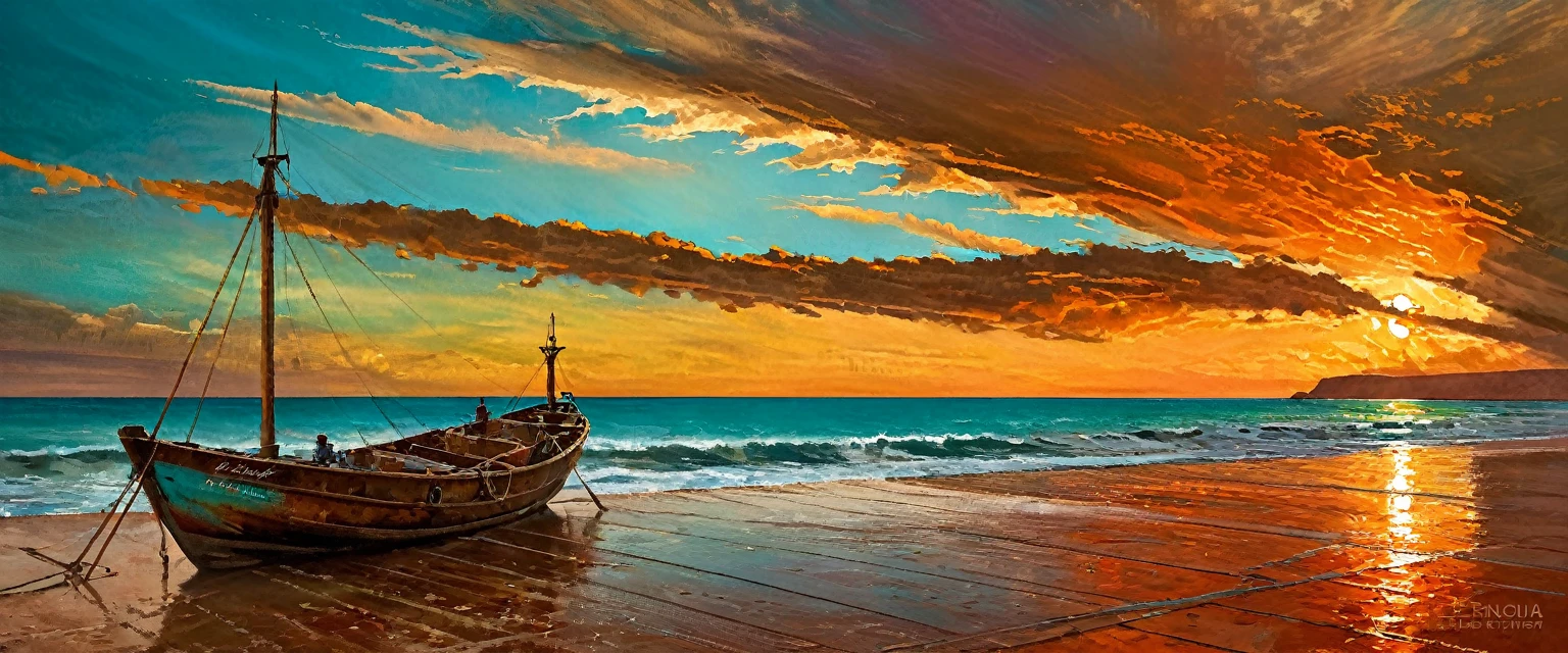 Winner of the award for best photography of the year, (the scene captures with extreme clarity, 
color and texture) a Turquoise Coast of Baja California, capturing the essence of a serene Mexican Panga boat 
anchored in the golden sand of a picturesque beach,((Soft pinkish-orange tones blend with the sky)), 
reminiscent of the magic hour when the sun hides behind the horizon. 
The rule of thirds composition places the ship at the intersection of two diagonals, 
drawing the viewer's attention to the tranquil scene. The brushwork is textured and realistic, 
evoking the style of artists such as Aytek Cetin, Max Rive, Tanmay Sapkal, Andrea Zappia and Daniel Gerhartz.
