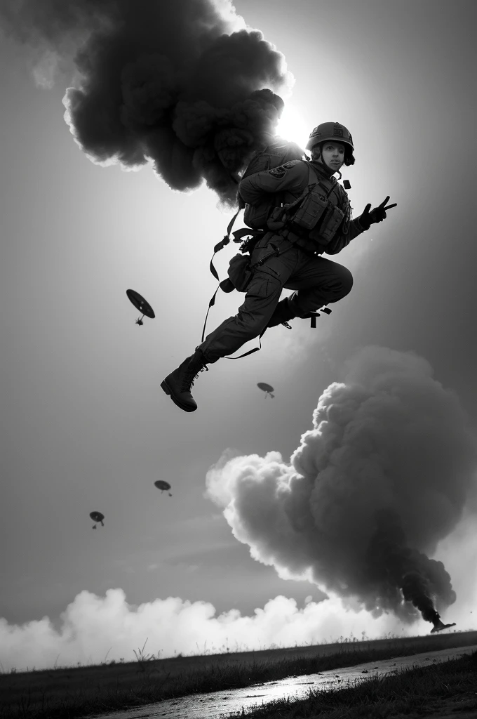 Draw in black and white an army paratrooper jumping into war and the ground on fire