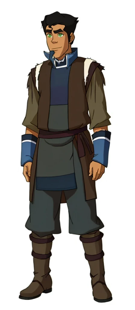 African-American, Bolin, water tribe traditional clothing mixed of blue and purple, with fur in shoulders and neck. Long sleeve, skinny, water tribe outfit. The character is wearing a blue, short-sleeved tunic with gold trim and fastenings down the front and fur collar, and fur on the shoulders. He has on dark purple pants tucked into knee-high boots. A green sash is tied around his waist. The overall style appears to be inspired by traditional East Asian clothing designs. And badass boots 