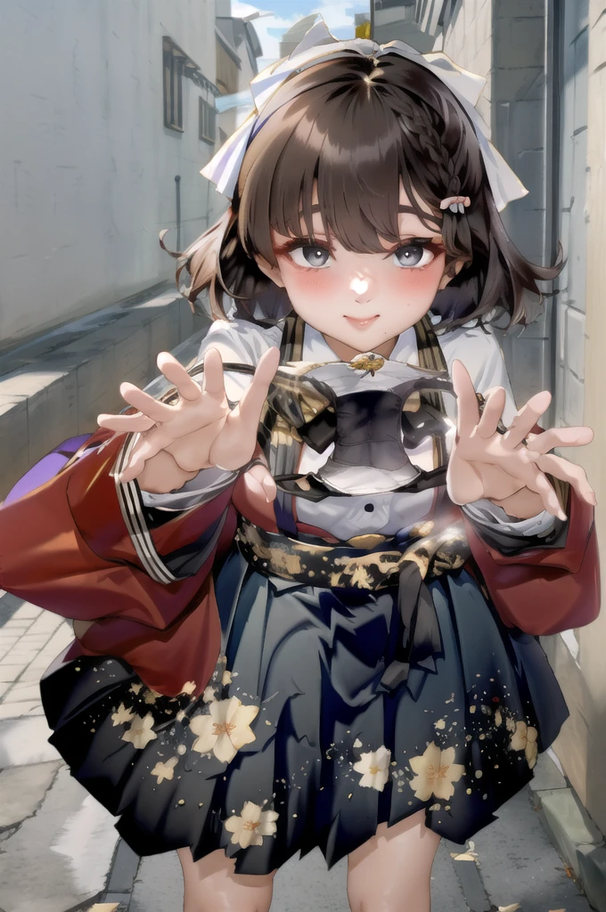 朝Day \(Kantai Collection\), One girl, alone, skirt, bow, shirt, View your viewers, white shirt, black skirt, Long sleeve, Outdoor, smile, kimono, bangs, Wide sleeves, blush, red Jacket, Floral print, Hair between the eyes, Day, cloud, null, collared shirt, kimono, chest, white bow, Mouth closed, Medium Hair, pleated skirt, Are standing, In the same way, Jacket, Open clothes, 自分のchestに手を当てる, blue null, black In the same way, red bow, dress shirt, Cowboy Shot, original, Intricate details, figure, masterpiece, Highly detailed CG Unity 8k wallpaper, highlight, whet, dynamic, Panties