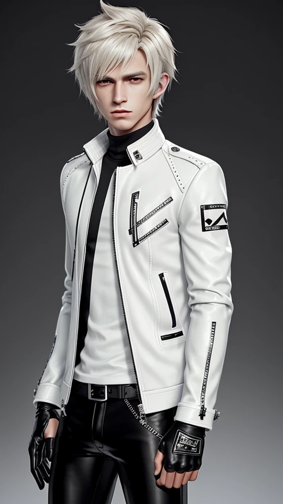 Final fantasy taste and reality graphics, Japanese young cute and cool ikemen  boy, his age is early 20s, thin eyebrows and beady eyes,  he wearing off white color leather  thick material jacket, jacket is singlebrest, biker style jacket, with epaulet, jacket is long sleeve, must close the front of the leather jacket, , voluminous leather jacket, ,must jacket is high length and stand-up collar with two belts, jacket is a little black color line pattern,close the front of the jacket, also wearing black thick material turtleneck lackluster shirts,  tight black leather pants,  black leather tight and thin glove, black leather knee-high raceup boots,must views  head-to-toe,must views whole body, boy looks like fashion model,Do not show skin from the neck down,leather jacket leather glove and leather pants have few wrinkles,boy in the prison room, Avoid showing your innerwear,zip up jacket fastner.
Boy touching owns private parts with right hand.
Bous face is expression of ecstasy.