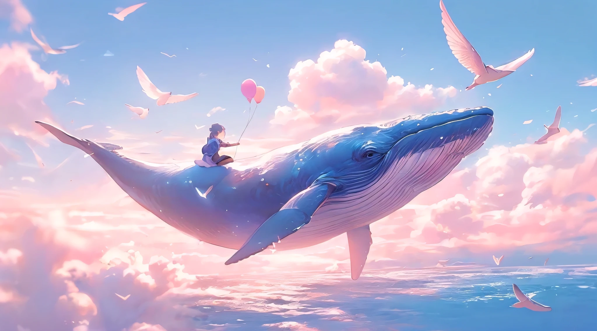 A cute  is sitting on the back of a blue whale flying in pink clouds, holding balloons and stars, surrounded by white moonlight. The illustration is in the style of a vector illustration with a flat design, bright colors, and high saturation on a pink toned background. A round frame artfully highlights details. The overall composition stands out with high contrast between light and dark tones., illustration