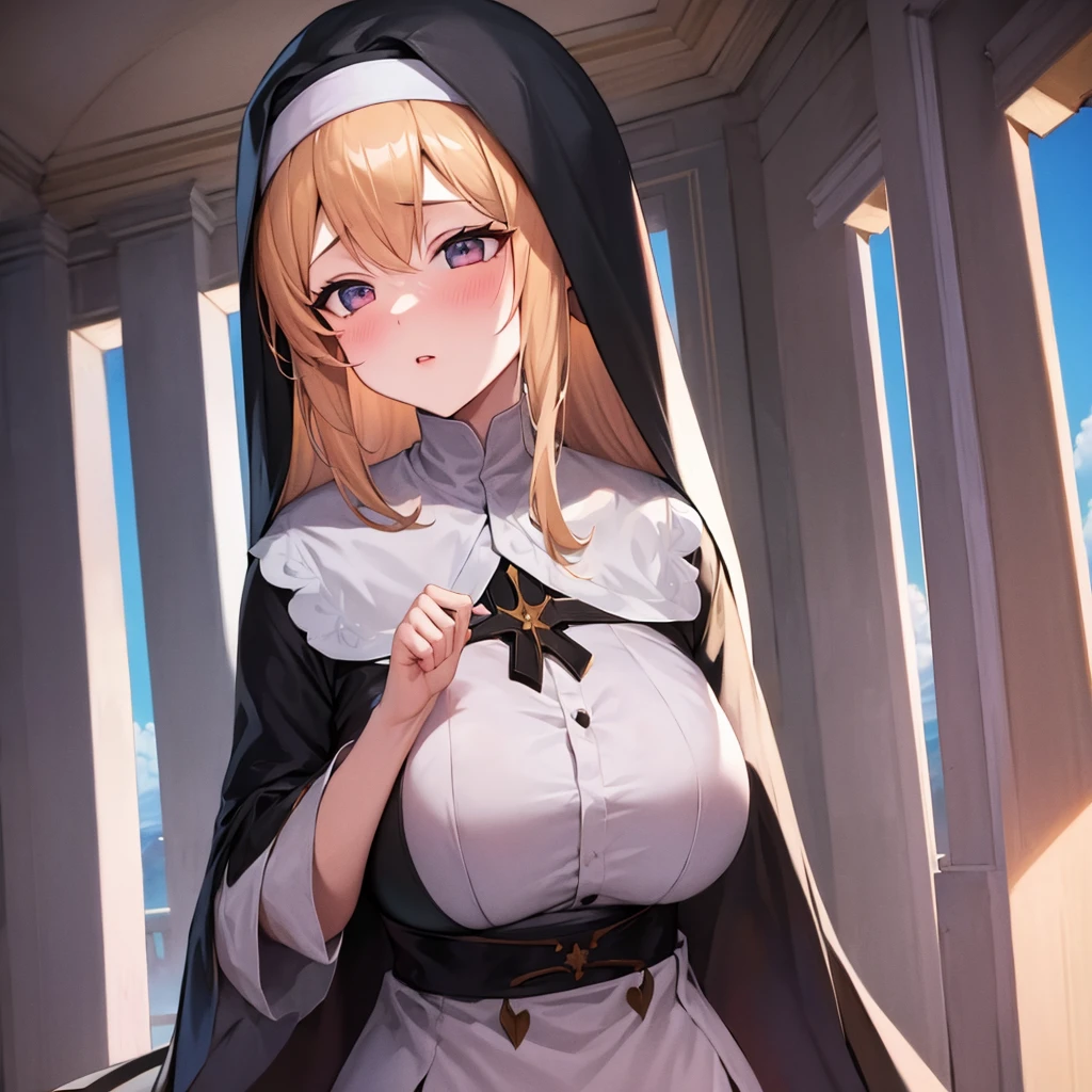 1 tall lovestruck nun. long Blonde hair. busty. praying. hearts. heart eyes.