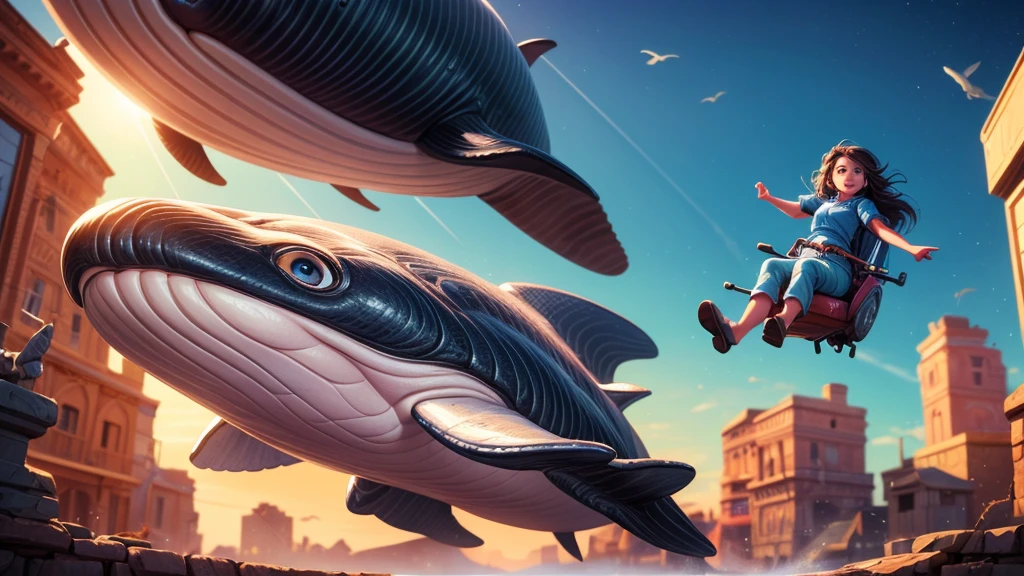 a whale flying through space, girl riding on whale's back, dramatic cinematic lighting, vibrant colors, masterpiece, 8k, photorealistic, digital painting, ultra-detailed, sharp focus, physically-based rendering, vivid colors, professional