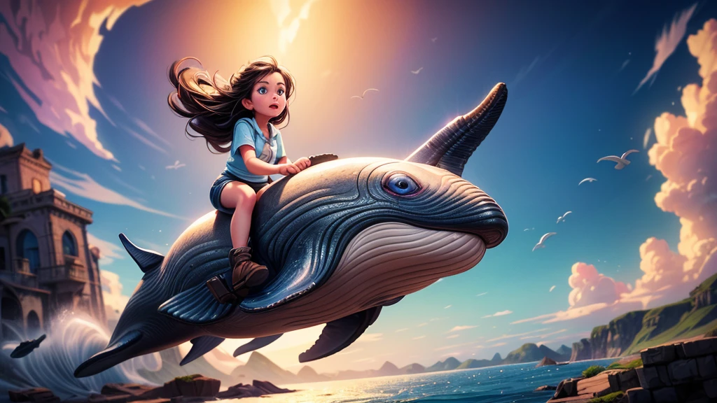 a whale flying through space, girl riding on whale's back, dramatic cinematic lighting, vibrant colors, masterpiece, 8k, photorealistic, digital painting, ultra-detailed, sharp focus, physically-based rendering, vivid colors, professional