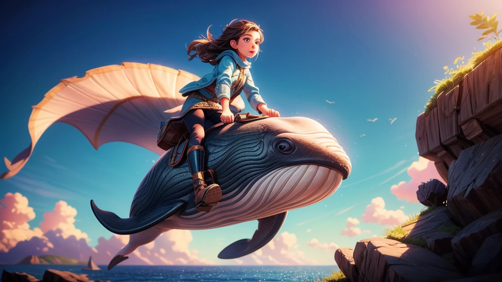 a whale flying through space, girl riding on whale's back, dramatic cinematic lighting, vibrant colors, masterpiece, 8k, photorealistic, digital painting, ultra-detailed, sharp focus, physically-based rendering, vivid colors, professional