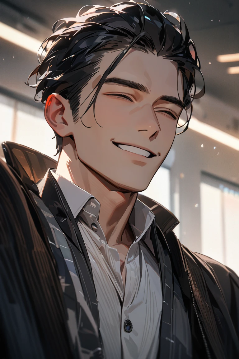 A handsome man, black hair, short hair, light smile, happy, Verism, 8k, UHD, masterpiece, anatomically correct, super detail, high details, best quality.  