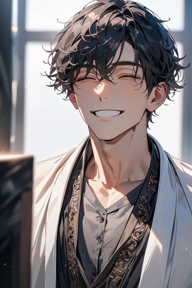 A handsome man, black hair, short hair, light smile, happy, Verism, 8k, UHD, masterpiece, anatomically correct, super detail, high details, best quality.