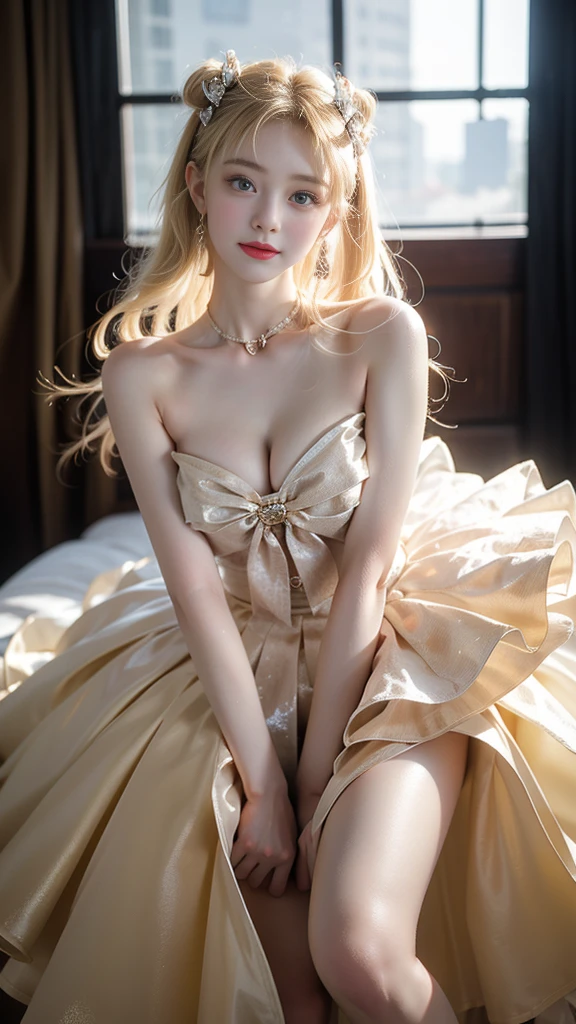 WHAT,bow,crinoline, ((knee shot)), ((Shoot at random angles)), ((Visible cleavage)), ((E-cup)), ((I-type Valley)), ((Warm colors)), Long-range shooting, A beautiful woman,Elegant posture,Standing,Slender figure。Her legs are slender and straight,Cross placement,Forming a perfect diagonal composition。Head gently sideways,Long blond hair falls naturally,Gently brushing her shoulders。Soft colors,In stark contrast to her fair skin。The edge of the skirt ripples gently,As if swaying in the breeze。Her eyes were gentle,There is a faint smile on the lips。The whole picture looks very harmonious and beautiful