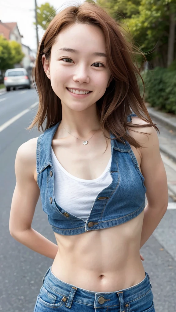 ((Mid-chest, Long Hair, Small Head)), Dawn, sunlight, (Defined Abs: 1.1), (Perfect body: 1.1), (Short Wavy Hair: 1.2), Auburn Hair, collar, Lock, whole body写真, Shabby Street, Wearing a black tank top, Denim jacket, ((Shorts)), (Highly detailed CG 8k wallpaper), (Very delicate and beautiful), (masterpiece), (Highest quality: 1.0), (Super Resolution: 1.0), Beautiful lighting, Perfect Lightning, Realistic Shadows, [High resolution], Detailed Skin, Super detailed,smile,whole body,One Woman