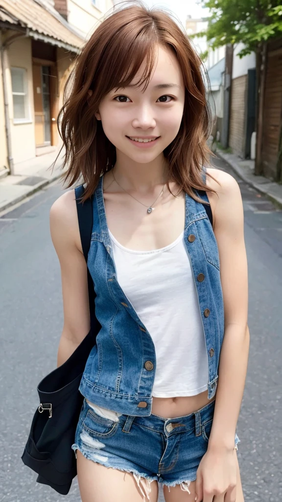 ((Mid-chest, Long Hair, Small Head)), Dawn, sunlight, (Defined Abs: 1.1), (Perfect body: 1.1), (Short Wavy Hair: 1.2), Auburn Hair, collar, Lock, whole body写真, Shabby Street, Wearing a black tank top, Denim jacket, ((Shorts)), (Highly detailed CG 8k wallpaper), (Very delicate and beautiful), (masterpiece), (Highest quality: 1.0), (Super Resolution: 1.0), Beautiful lighting, Perfect Lightning, Realistic Shadows, [High resolution], Detailed Skin, Super detailed,smile,whole body,One Woman