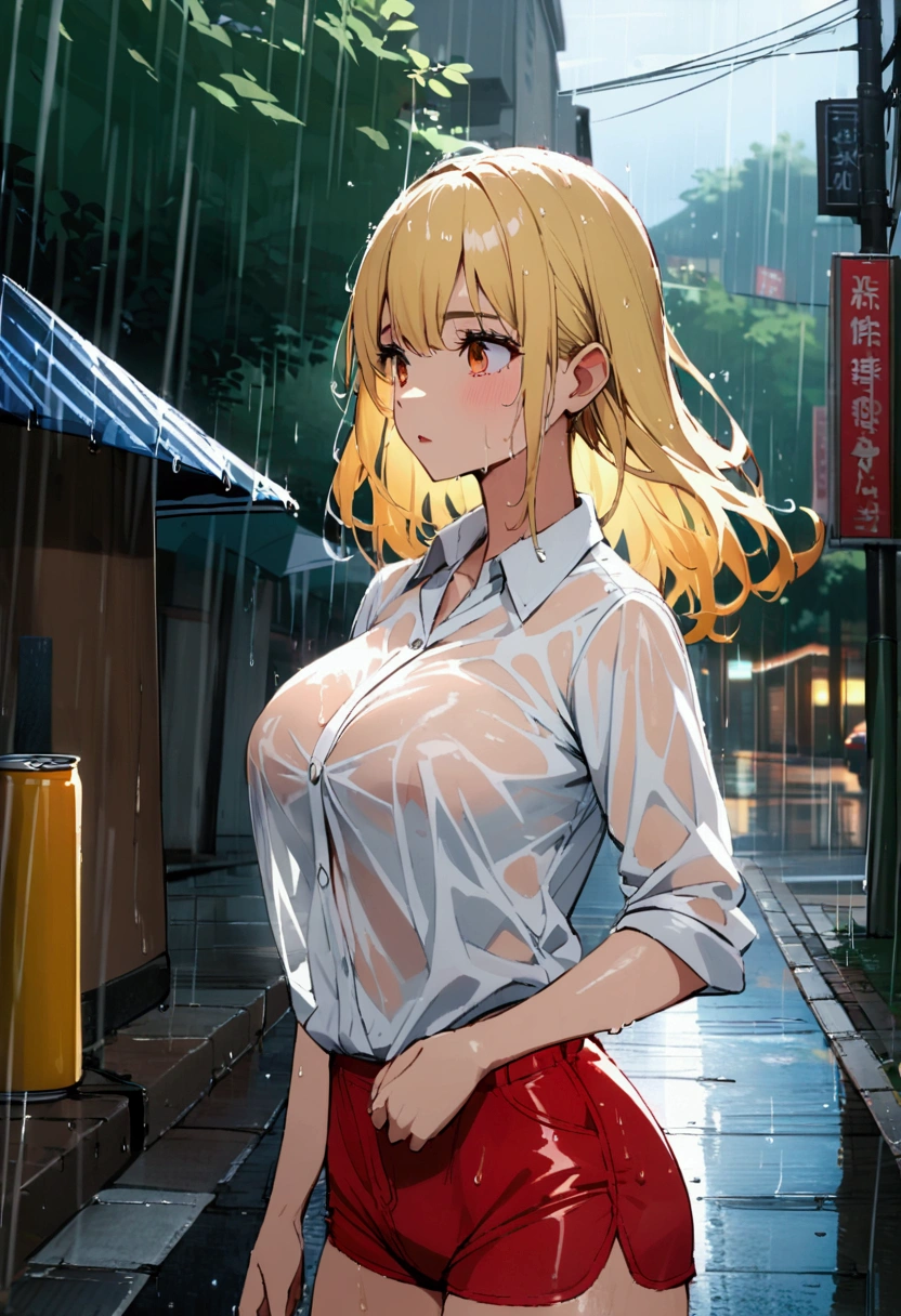 Blonde, wet see-through white shirt, can see , large breasts, red shorts, in rain, on street