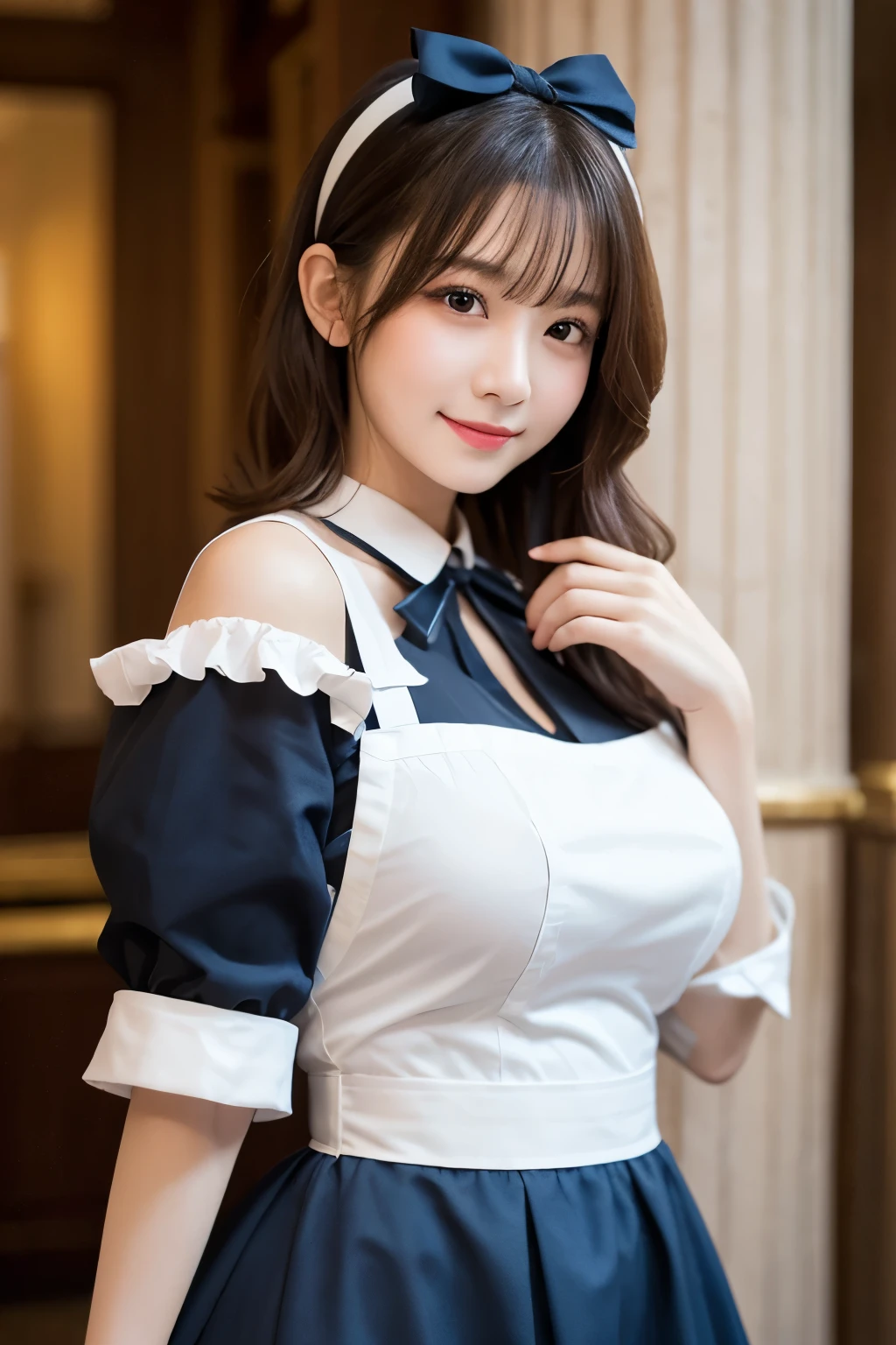 Detailed image of a young female character standing in a grand hall lined with marble columns。She has short, wavy blue hair、Has side fringe、Adorned with a white frilly headband and blue ribbon。Big blue eyes are kind、He has a slightly sad expression、There is a slight redness on the cheeks。She is wearing a classic maid outfit.、In a black puff sleeve dress、White apron with lace trim、And a blue ribbon on the neckline.。The apron has gold teardrop decorations.、It is secured by a thin gold chain。She is holding the skirt of her dress with one hand、It is lifted a little、Her other hand is delicately placed to touch the ribbon on her chest.。In the background there is a blurred white decorative building.、The soft, indirect lighting creates a calm and elegant atmosphere.。smile、Large Breasts、Large Breasts、Random sexy poses、