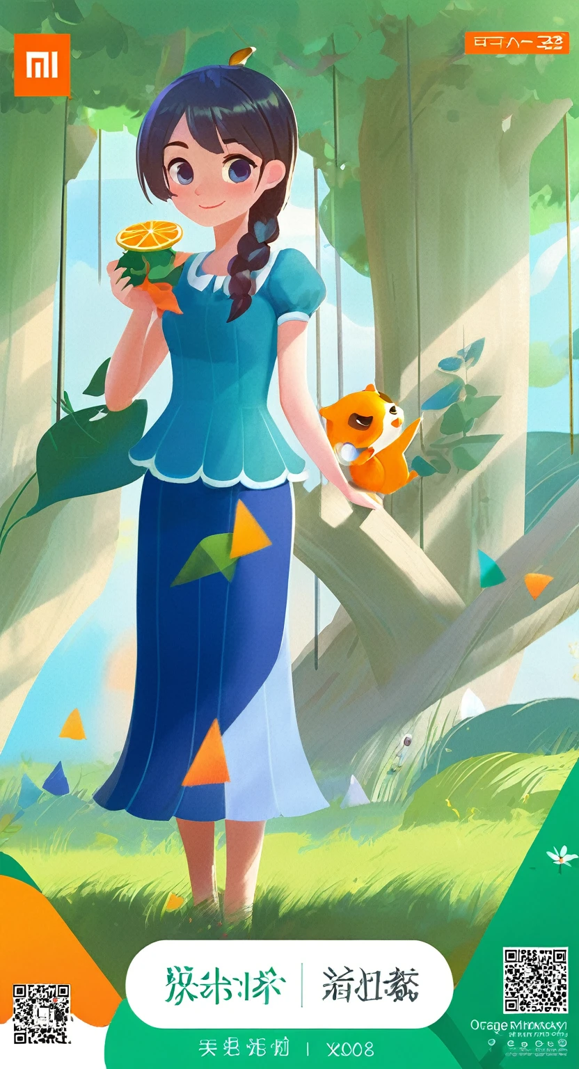a masterpiece, Location information, In the style of 2D game art, girl featured, Dmitry Vishnevsky, orange and emerald, cute and dreamy, editorial illustrations, zeiss batis 18mm f/2.8