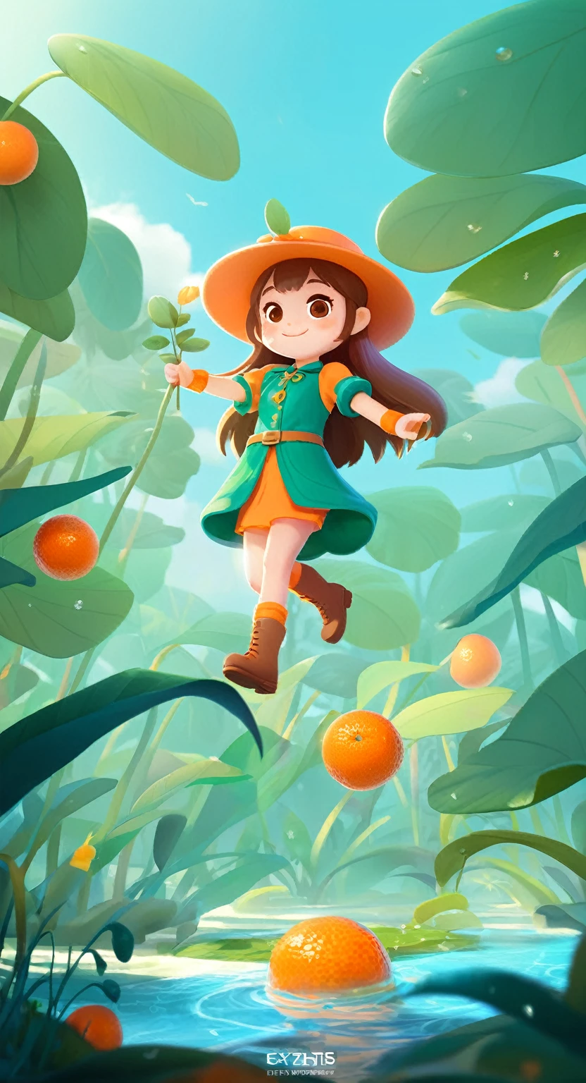 a masterpiece, Location information, In the style of 2D game art, girl featured, Dmitry Vishnevsky, orange and emerald, cute and dreamy, editorial illustrations, zeiss batis 18mm f/2.8