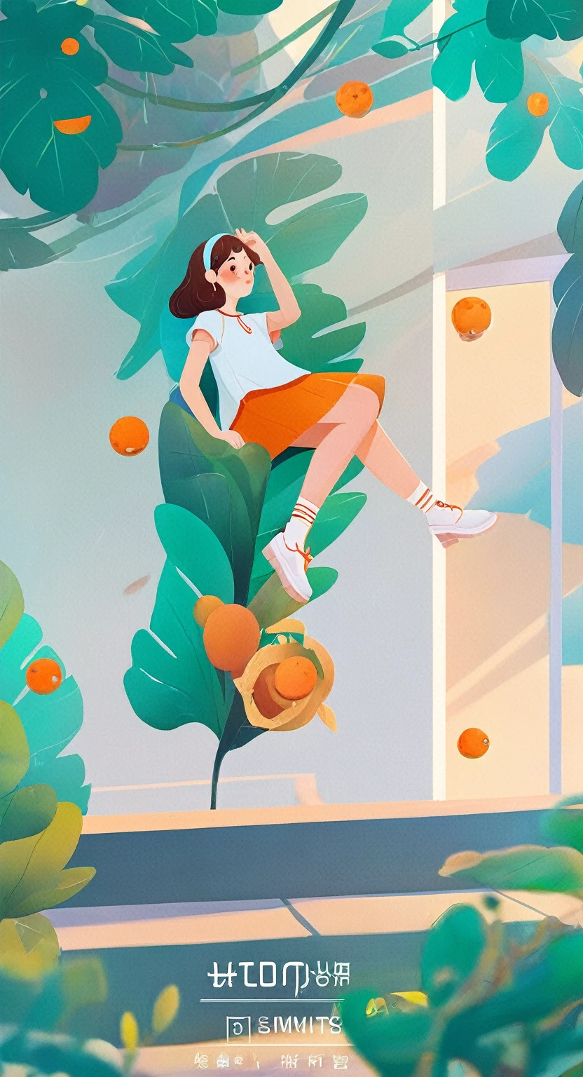 a masterpiece, Location information, In the style of 2D game art, girl featured, Dmitry Vishnevsky, orange and emerald, cute and dreamy, editorial illustrations, zeiss batis 18mm f/2.8