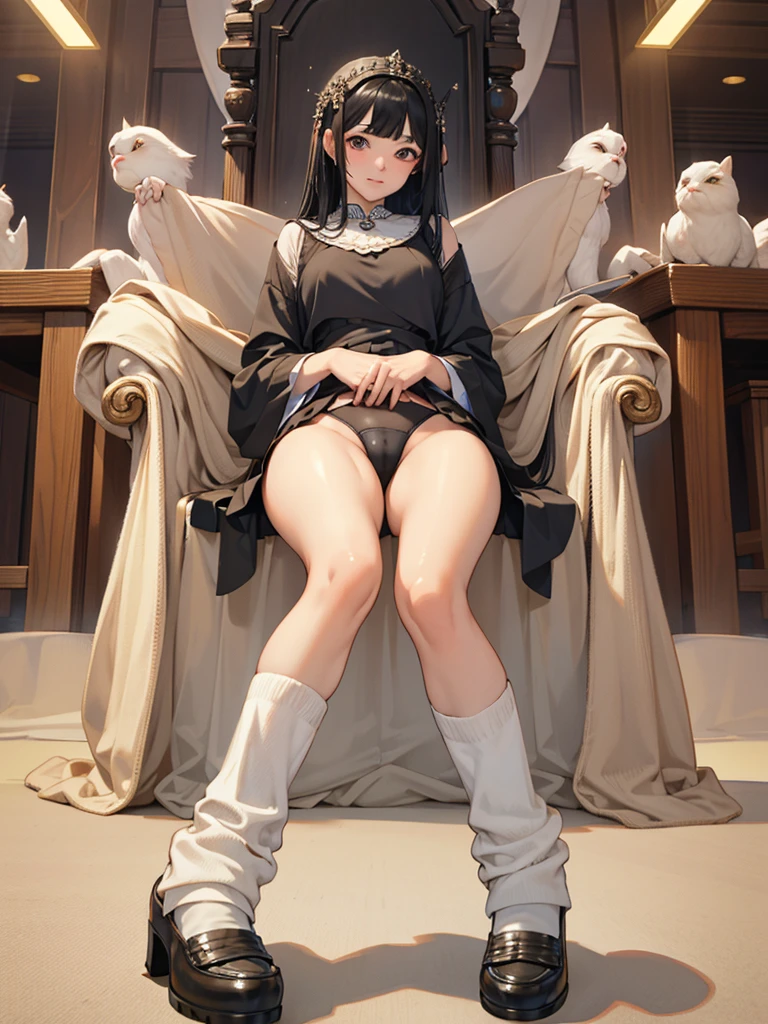 masterpiece highest quality high resolution、 , Long, nuanced black hair, Sit with your knees bent、eight-headed body、As if looking up from below、Embarrassing,,Cameltoe