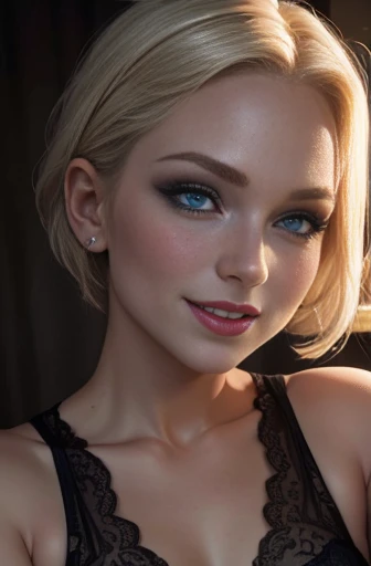 Full body Glamour Portrait shot of a 26 year old woman, (((Kelly Von East))). Short blonde hair, bright blue eyes , (realistic face, perfect eyes, perfect face:1.1), make-up, (smiling, laughing), wearing black lace lingerie. small breasts, small nipples, bare legs, bare feet.. dramatic lighting, night, sunrise. Partially_visible_vulva.