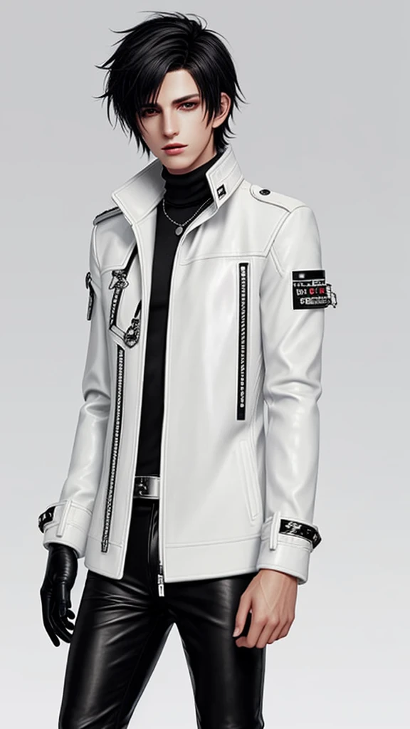 Final fantasy taste and reality graphics, Japanese young cute and cool ikemen  boy, his age is early 20s, thin eyebrows and beady eyes,  he wearing off white color leather  thick material jacket, jacket is singlebrest, biker style jacket, with epaulet, jacket is long sleeve, must close the front of the leather jacket, , voluminous leather jacket, ,must jacket is high length and stand-up collar with two belts, jacket is a little black color line pattern,close the front of the jacket, also wearing black thick material turtleneck lackluster shirts,  tight black leather pants,  black leather tight and thin glove, black leather knee-high raceup boots,must views  head-to-toe,must views whole body, boy looks like fashion model,Do not show skin from the neck down,leather jacket leather glove and leather pants have few wrinkles,boy in the prison room, Avoid showing your innerwear,zip up jacket fastner.
Boy touching owns private parts with right hand.
Bous face is expression of ecstasy.
