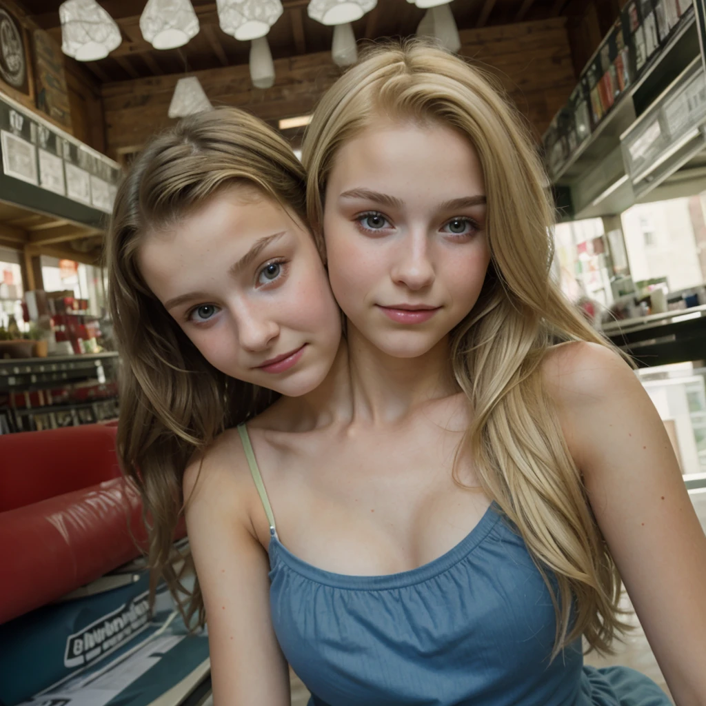 2heads, two headed girl, (13 year old girl:1.5), (blonde:1.4)