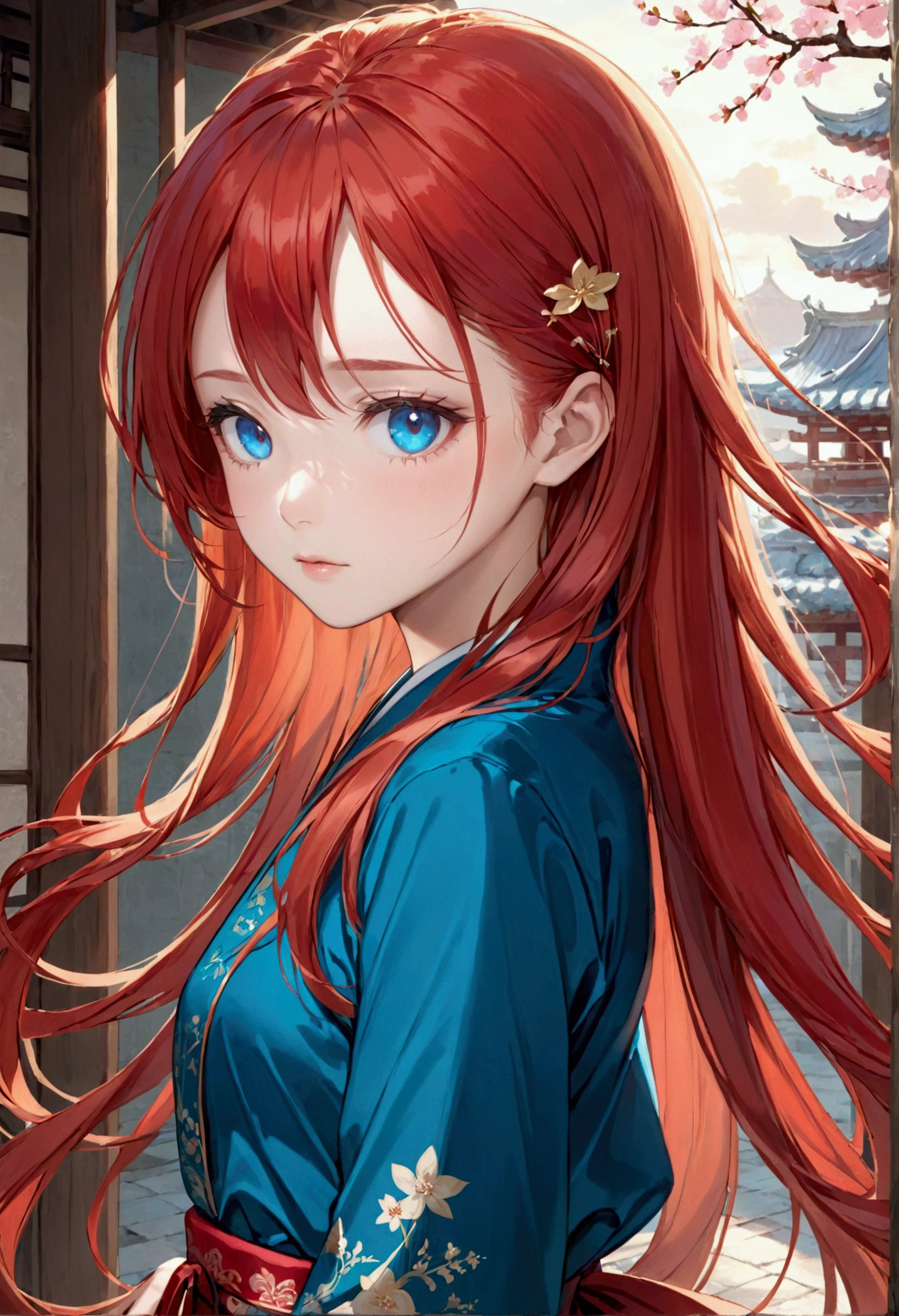 Long red hair and blue eyes, asian