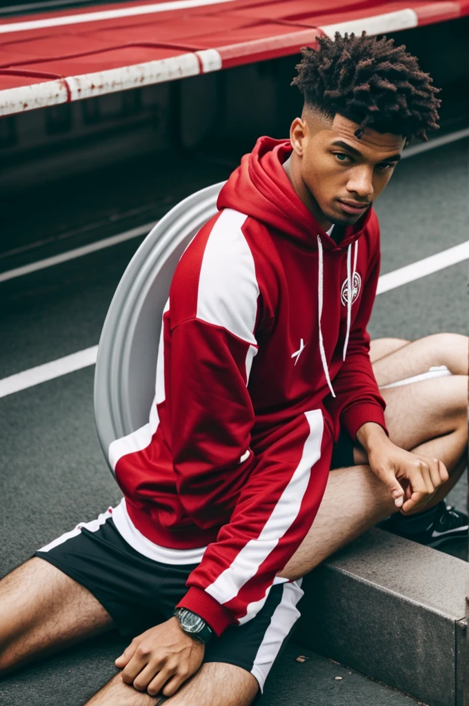 Football grandstand,tramp,red and white striped hoodie