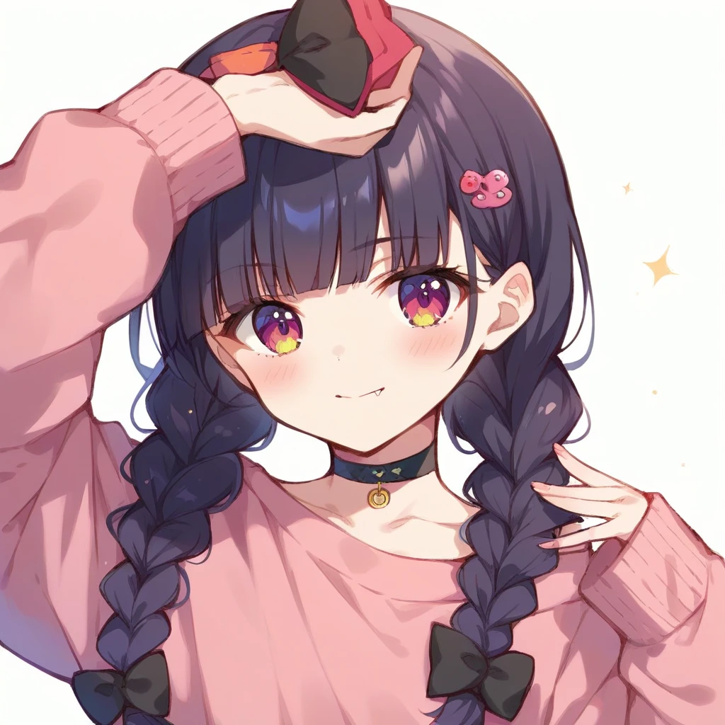 score_9, score_8_up, score_7_up, score_6_up, score_5_up, score_4_up, source_anime, clip skip：2,A girl with her hands on the ground and her head down,
,Top quality, masterpiece, chibi character, peal purple and blunt bangs hair, twin braids, green eyes, blushing,fangs,(a girl with closs hair pin,
pink shirt,cosplay, jirai kei, bangs, black skirt, black bow, looking at viewer, bow, long sleeves, choker, ribbon,portrait  shot :1.4),