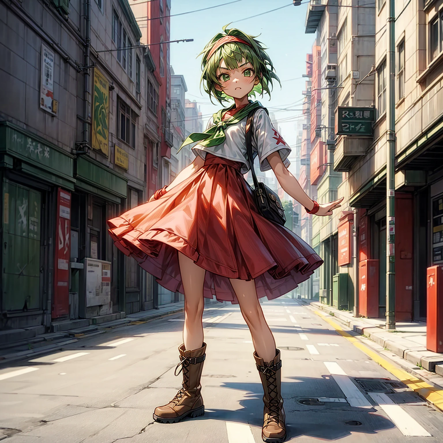 1ren girl, Full body version, 1character, green eyes, short haircut, green color hair, casual style clothing, red colour clothing, headband bandana, boots, Grassroots, background in city street, motion blur, (Hunter x Hunter style art), standing gesture, cute face