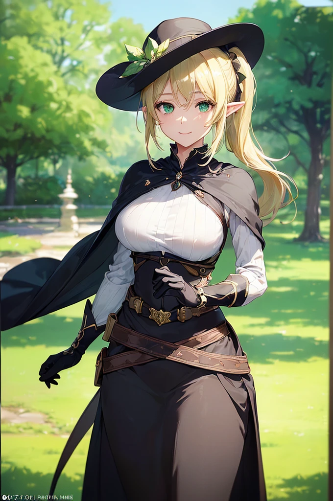 (((masterpiece; best quality: 1.2))), (finely detailed eyes: 1.3), (25 year old elf woman), (solo), (green eyes: 1.4), (body; big breasts, fit, femenine: 1.3), (silky blonde hair in low ponytail: 1.3), (beautiful and clear background: 1.2), ((depth of field)), (equipment: adventurer attire + modest + elegant wide-brimmed hat + dark blouse + dark cape + black long skirt + gloves + belt + pouches: 1.3), (anime illustration: 1.2), (background composition; royal garden: 1.1), (extremely fine and beautiful: 1.1), (shot composition; standing + centered on torso + close-up: 1.5), (expression; calm, smile: 1.2)