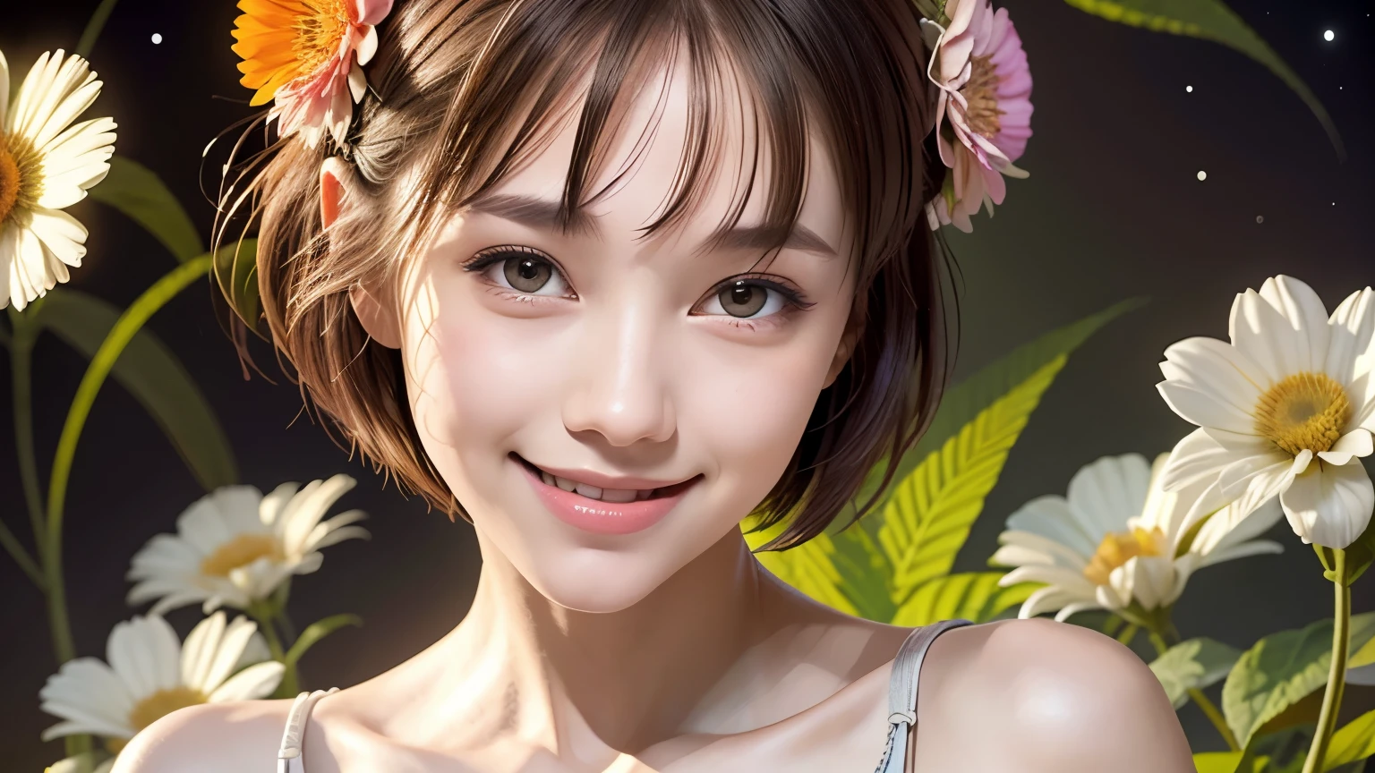 257 20-year-old female, (short hair),(Abstract background,Fractal Art), smile, flower