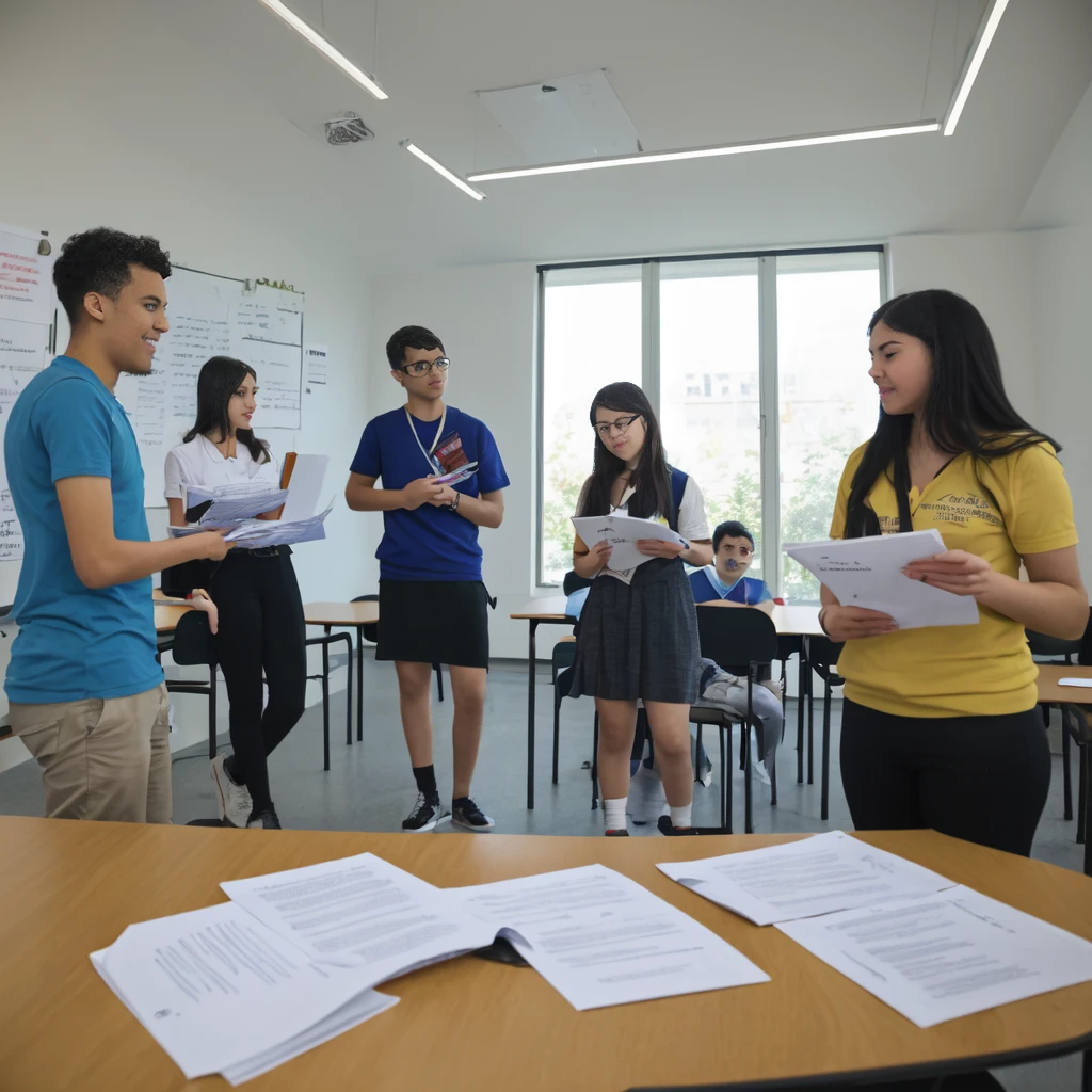  image of a group of students from different backgrounds and with study materials, collaborating on a project, under the guidance of a University professor who encourages open discussion and critical thinking. That symbolizes evaluation as an inclusive and enriching space, where diversity of ideas and approaches is celebrated.