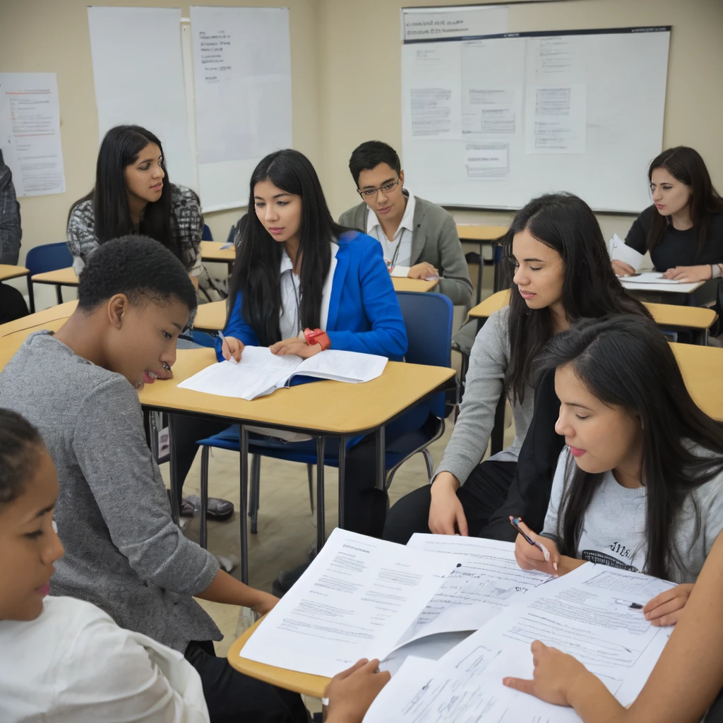 image of a group of students from different backgrounds and with study materials, collaborating on a project, under the guidance of a University professor who encourages open discussion and critical thinking. That symbolizes evaluation as an inclusive and enriching space, where diversity of ideas and approaches is celebrated.