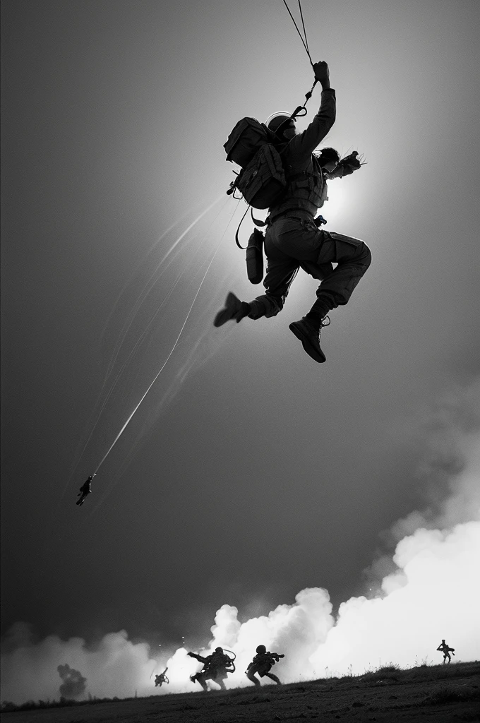 Draw in black and white an army paratrooper jumping into war and the ground on fire