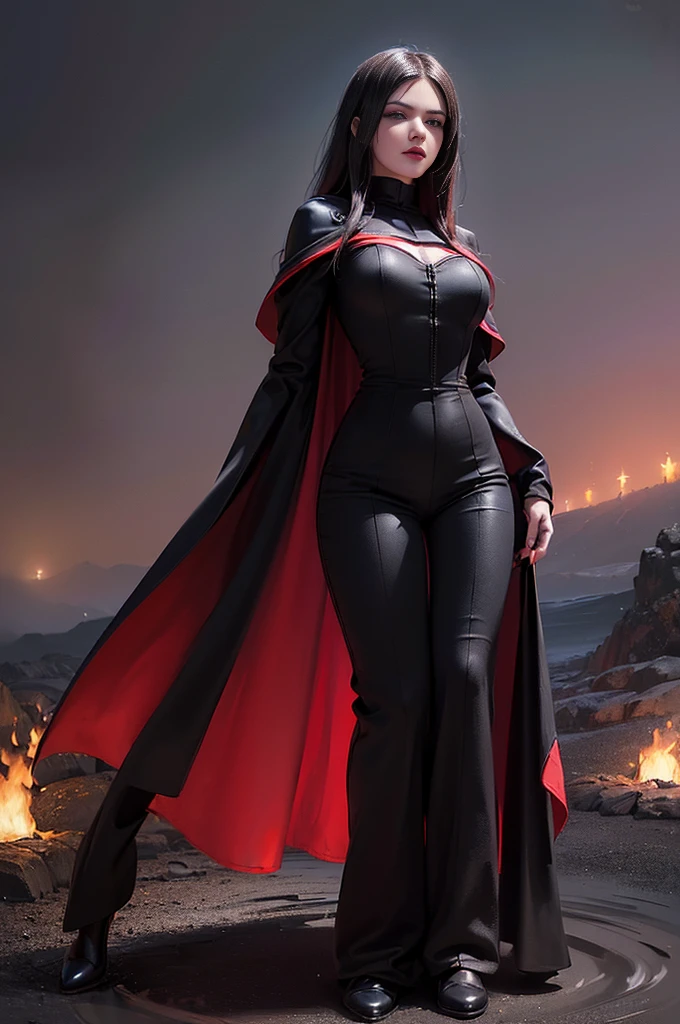 (skindentation:1.5), Realistic, Photorealistic, (masterpiece:1.5), concept art, intricate details, highly detailed, photorealistic, octane render, 8k, unreal engine, dynamic pose, best quality, highres, (realistic face:1.1), (hyperrealistic:1.1), (((full_body))), perfect eyes,(shiny skin:1.2), (((hairstyle))), (((perfect handtremely detailed background), ((dynamic background)), ((1girl)), (((wearing black jumpsuit, dark red long wizard cape))), ((detailed eyes, high quality eyes, high quality face)), (extremely intricate cape), long black hair with dark red glow, dramatic, depth of field, bokeh, 4k, (((underworld))), ((floating in the air)), (((black magic witch))), (((fierce eyes)))