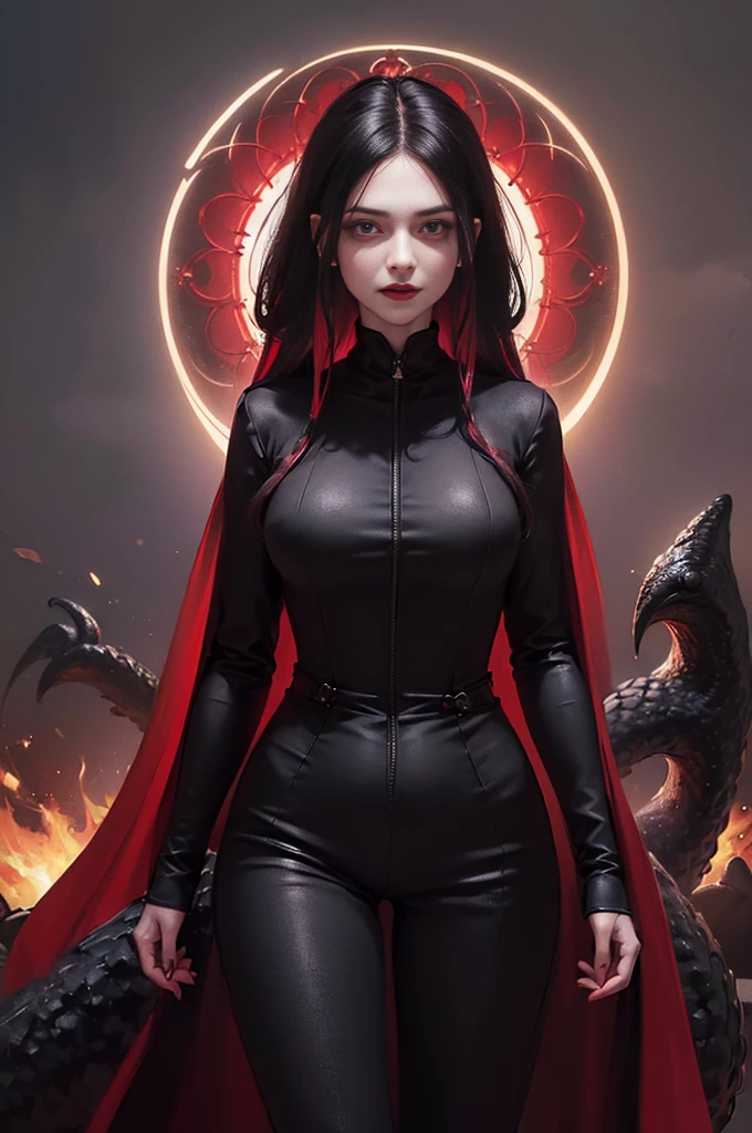 (skindentation:1.5), Realistic, Photorealistic, (masterpiece:1.5), concept art, intricate details, highly detailed, photorealistic, octane render, 8k, unreal engine, dynamic pose, best quality, highres, (realistic face:1.1), (hyperrealistic:1.1), (((full_body))), perfect eyes,(shiny skin:1.2), (((hairstyle))), (((perfect handtremely detailed background), ((dynamic background)), ((1girl)), (((wearing black jumpsuit, dark red long wizard cape))), ((detailed eyes, high quality eyes, high quality face)), (extremely intricate cape), long black hair with dark red glow, dramatic, depth of field, bokeh, 4k, (((underworld))), ((floating in the air)), (((black magic witch))), (((fierce eyes)))