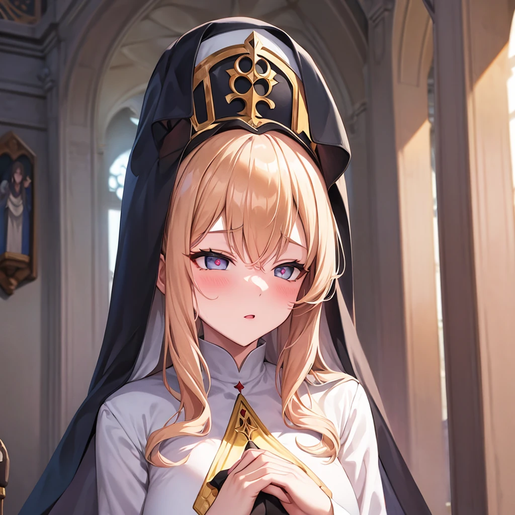 1 tall lovestruck nun. long Blonde hair. busty. praying. hearts. heart eyes.
