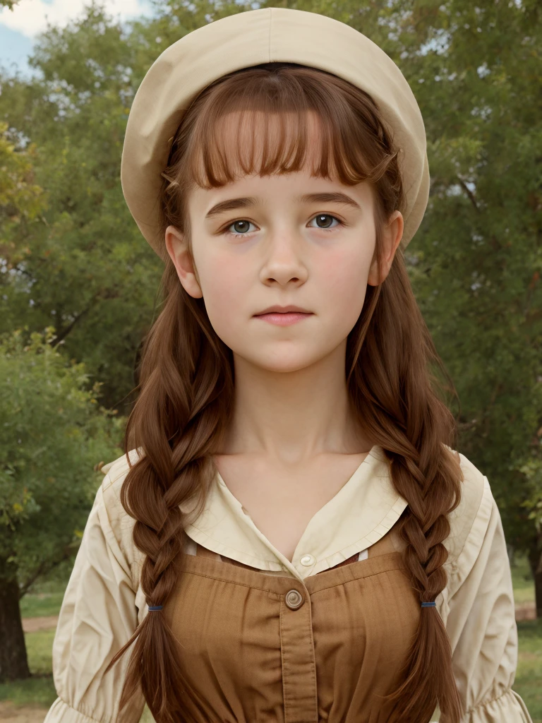 (best quality,4k,8k,highres,masterpiece:1.2),ultra-detailed,(realistic,photorealistic,photo-realistic:1.37), ((classroom, a peasant school girl, she wears dress, solo, shy)), ((very large bust size for her young age, )), she wears beret, she wears no bra, braided red hair, pale skin, full body view