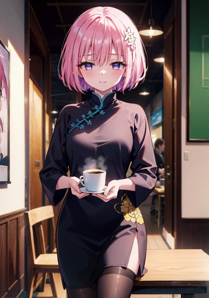 Momodebilke, Deviluke Type, demon tail, Hair Flower, hair ornaments, happy smile, smile, Open your mouth,blush,(Purple eyes:1.1), Pink Hair, short hair, tail, smile,Chinese clothing,slit,Black pantyhose,Stiletto heels,Walking,Cafe, remainder, food, drink, Tables and chairs, cleaning, tray, tray in one handwhole bodyがイラストに入るように,
break indoors, Chinese style coffee shop,
break looking at viewer, whole body,
break (masterpiece:1.2), Highest quality, High resolution, unity 8k wallpaper, (figure:0.8), (beautiful detailed eyes:1.6), extremely detailed face, Perfect lighting, extremely detailed CG, (Perfect hands, Perfect Anatomy),