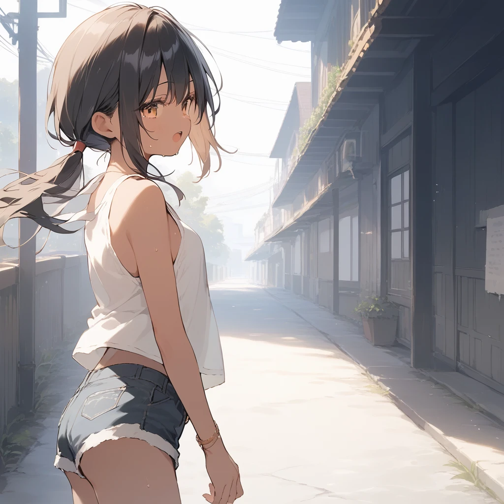 score_9, score_8_up, score_7_up, source_anime, best quality, masterpiece, official art, absurdres, highres, ultra-detailed,waifu2x,Collection: Slice of Life,break,1girl, tomboy, dark-skinned female, short hair, low ponytail, small breasts, beautiful detailed eyes, short shorts, sweat, open mouth, (yawn:0.3), sleepily, outdoors, wind,break,(clear line illustration:1.2), super detailed skin,very high resolution, very aesthetic, Best sexual lighting powered by famous artist, 8k,cute picture,beauty illustration,photoshop_(medium),,(Detailed Lighting),best anime 8k konachan wallpaper, pixiv contest winner, 