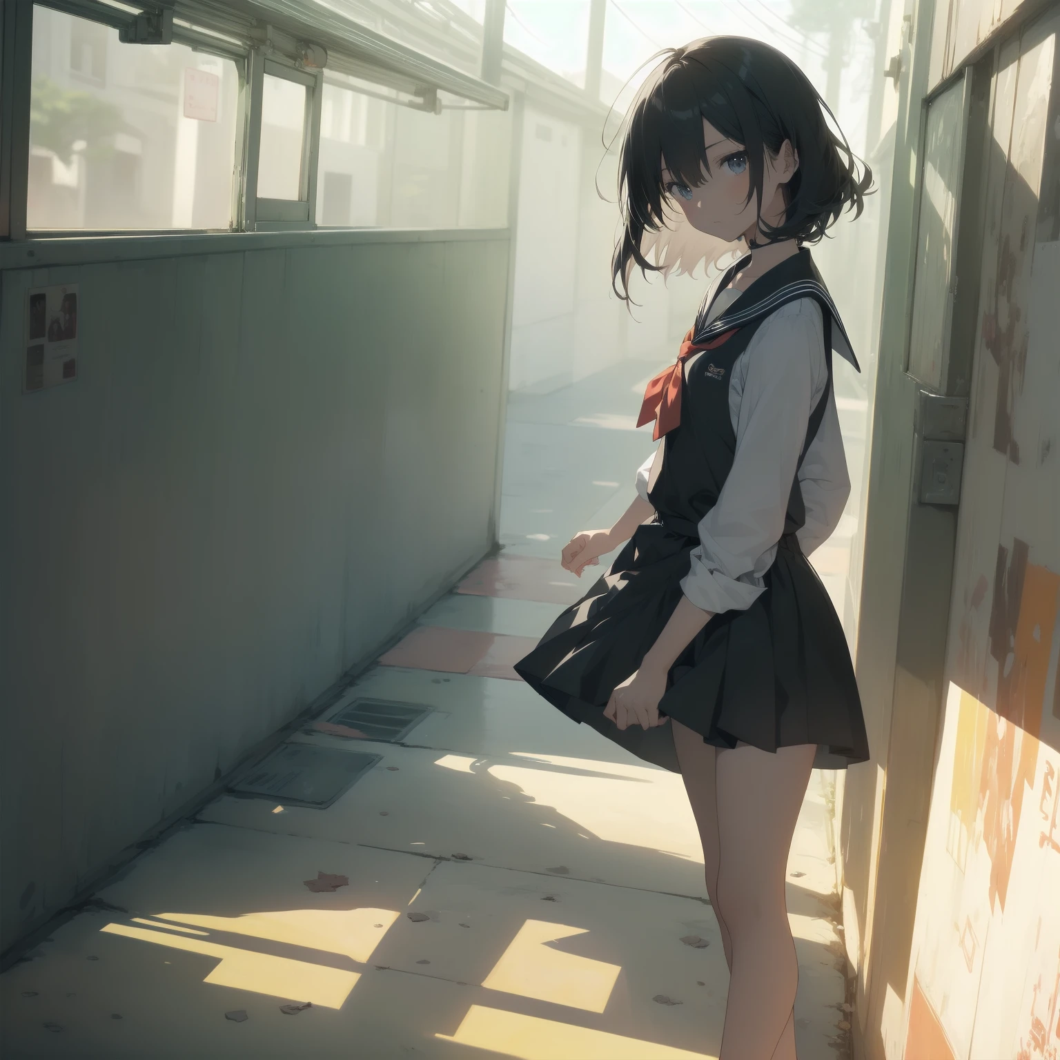 ultra-absurdres-Top quality by artist God, ultra-detailed, high resolution, anime moe artstyle, best anime 8k konachan wallpaper, pixiv contest winner, pool:2810, perfect anatomy,break, 1girl, (Please draw a girl walking sleepily to school alone. )break,(Solo,little female, 13-year-old:1.3),Full limbs, complete fingers,a junior high school student, (very short hair), short cut, flat chest, , small butt, small black eyes, beautiful detailed eyes, well-proportioned iris and pupils, expressive eyes, highres detailed hair, soft expression, salor school_uniform, sailor collar, serahuku, bow, pleated skirt,(Detailed Lighting), (Detailed background), in the School commute route. break,super detailed skin, Best cinematic lighting powered by famous artist, 8k,beauty illustration,photoshop_(medium),very aesthetic,break,((artist:yuuhagi_(amaretto-no-natsu) )), artist:clamp ,artist:carnelian ,artist:kantoku ,