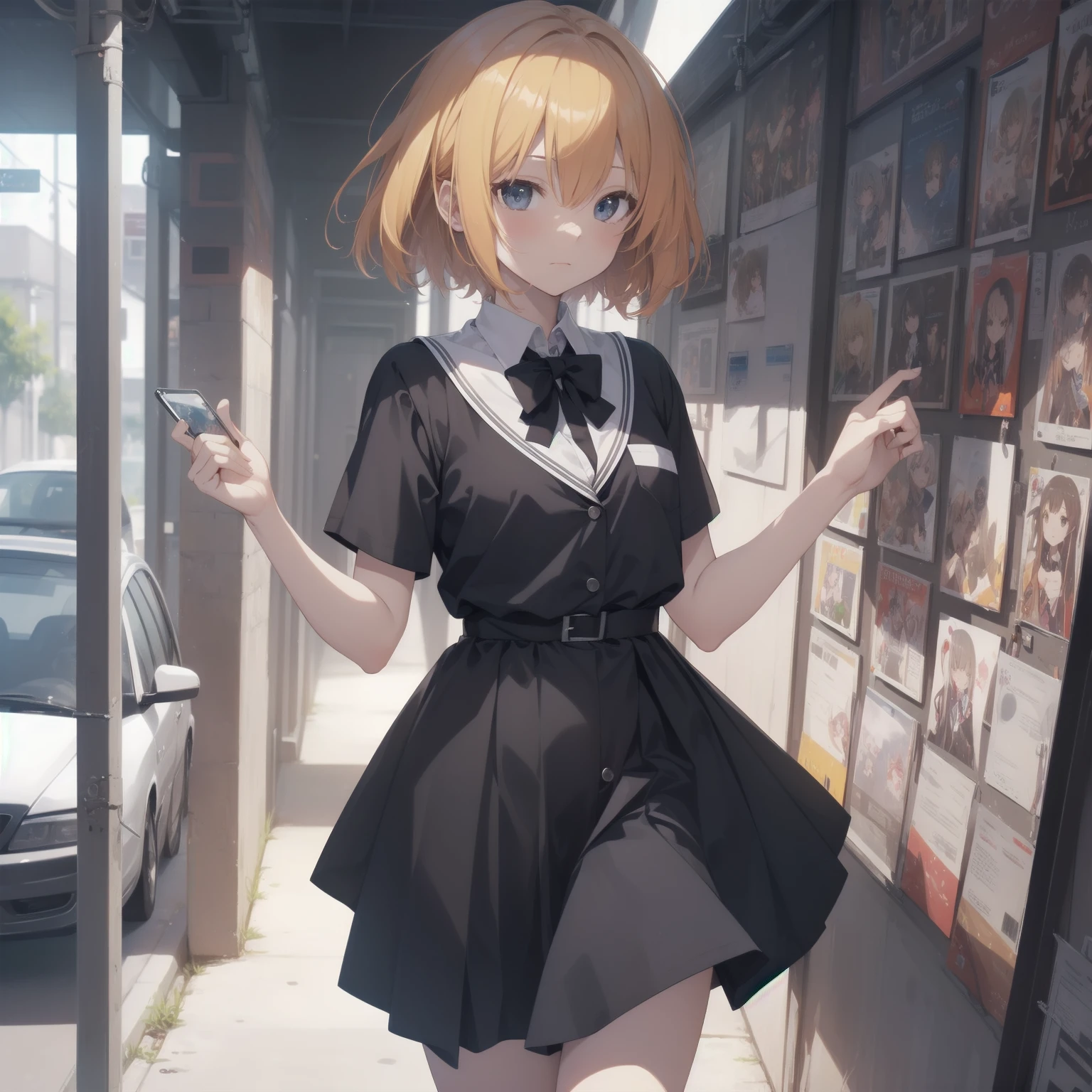ultra-absurdres-Top quality by artist God, ultra-detailed, high resolution, anime moe artstyle, best anime 8k konachan wallpaper, pixiv contest winner, pool:2810, perfect anatomy,break, 1girl, (Please draw a girl walking sleepily to school alone. )break,(Solo,little female, 13-year-old:1.3),Full limbs, complete fingers,a junior high school student, (very short hair), short cut, flat chest, , small butt, small black eyes, beautiful detailed eyes, well-proportioned iris and pupils, expressive eyes, highres detailed hair, soft expression, salor school_uniform, sailor collar, serahuku, bow, pleated skirt,(Detailed Lighting), (Detailed background), in the School commute route. break,super detailed skin, Best cinematic lighting powered by famous artist, 8k,beauty illustration,photoshop_(medium),very aesthetic,break,((artist:yuuhagi_(amaretto-no-natsu) )), artist:clamp ,artist:carnelian ,artist:kantoku ,