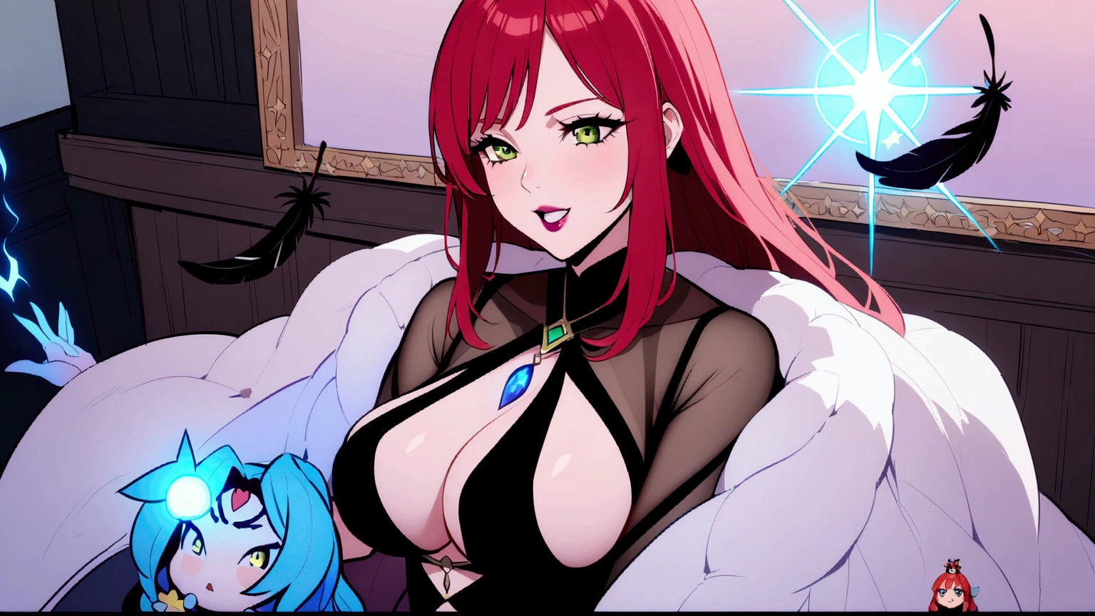 A sorceress with long red hair, long black low-cut dress, black feathers on the shoulders of the dress, bountiful breasts, evil gaze