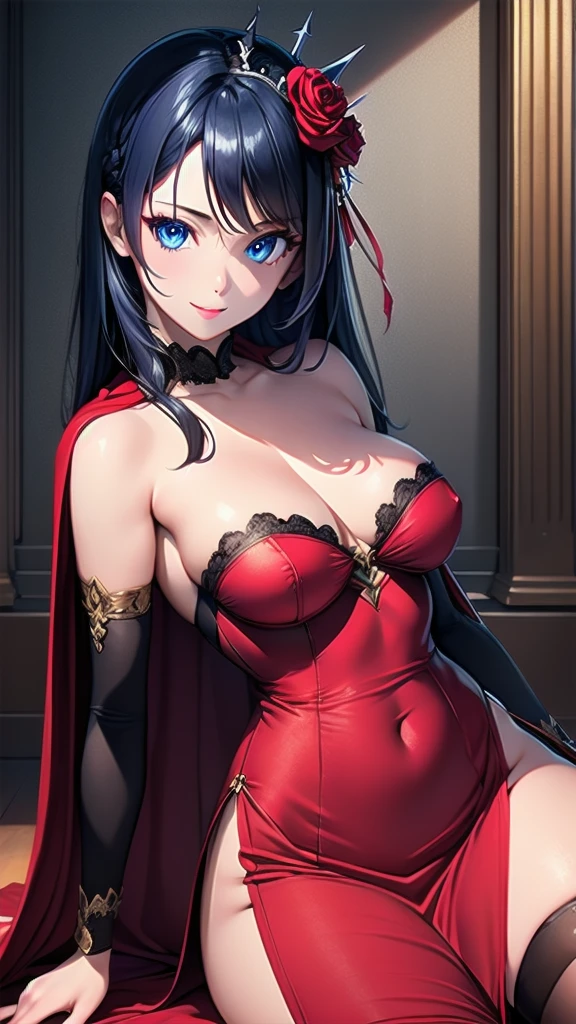 masterpiece, best quality, solo girl, navy blue hair, blue eyes, long hair, medium breasts, sexy body and face, wavy hair, smile, parted lips, red lips, ribbon, crown of thorns, thorns, (red cape, dress flower), detached sleeves, hair flower, hair ornament, long sleeves, black corset, long skirt, red dress, rose, strapless dress, long skirt, thighhighs, thighlet, red nails, dress flower, black thighhighs, mksks style, beautiful background, orchestra, indoors, sexy pose, cowboy shots, sharp focus, ultra-detailed body, face, and eyes, vibrant, creative, dynamic, high definition, high resolution, 8k, (Upscale: R-ESRGAN 4x+ Anime6mage enchance:4x), voluptuous body, cinema lightning, looking at the viewer, (realistic:1.4), (beautiful detailed face, beautiful detailed eyes, volumetric lighting),